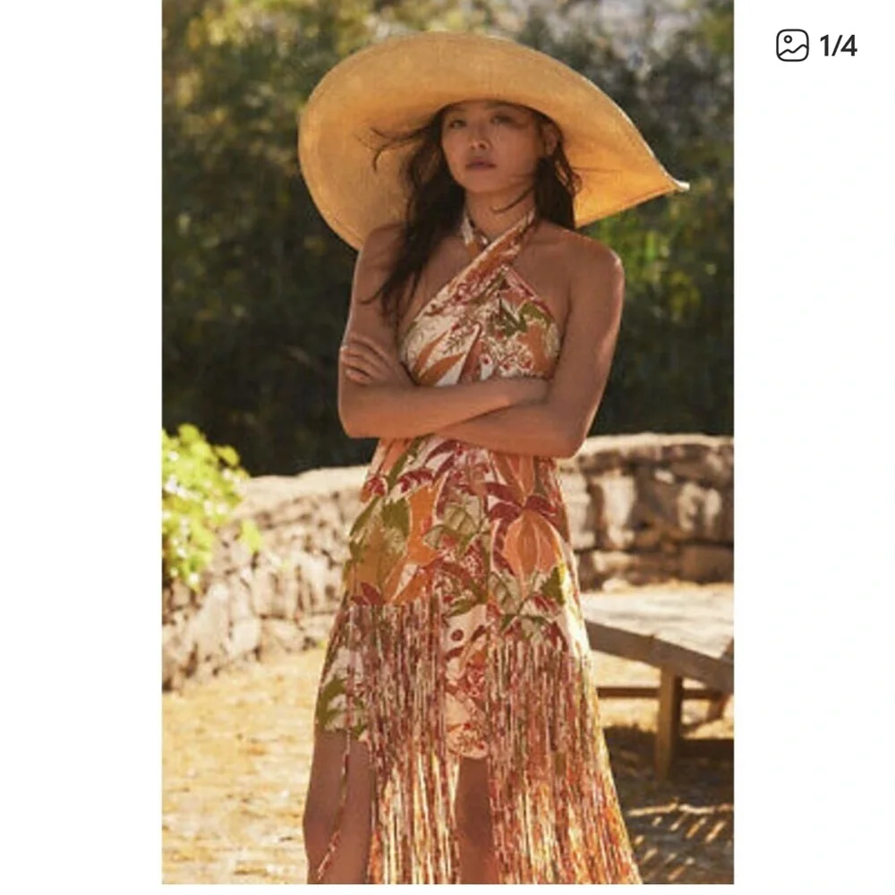 FARM Rio Tropical Fringe leopard forest sand Mini Dress - Picture 1 of 8